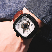 品牌男士英伦时尚大气休闲潮腕表，全自动机械表镂空方形大表盘手表