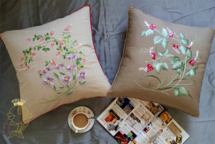 日系简约田园手绣风格，花卉植物亚麻抱枕，靠枕套藤椅沙发床靠垫