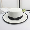 黑白帽子平顶大檐草帽，女夏天英伦礼帽，蝴蝶结宽檐可折叠沙滩遮阳帽