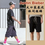 黑色卷边休闲短裤Justin Bieber贾斯汀比伯同款裤子 夏季2016