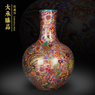 景德镇陶瓷器手绘掐丝珐琅，彩万花凤凰天球花瓶，中式家居收藏工艺品