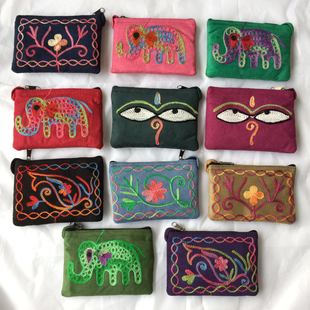 尼泊尔手工刺绣麂皮民族风迷你零钱包钱袋卡包短款布艺硬币包
