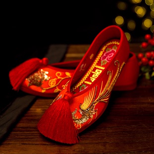 中式婚鞋老北京亮片绣花鞋红色新娘鞋千层底流苏上轿布鞋秀禾鞋