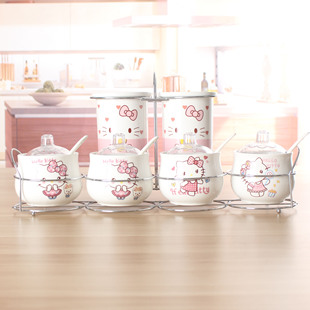 创意hellokitty陶瓷调味罐韩式调味盒，调料罐套装调料盒盐罐筷子筒