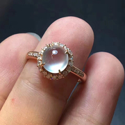 天然A货翡翠老坑玻璃种白冰蛋面翡翠戒指女款玉石戒指钻石女戒指