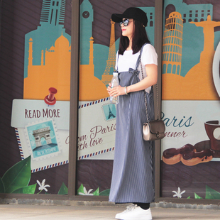 2017春夏装女装韩版雪纺条纹，大学生裙h型吊带中长款连衣裙子