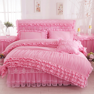 韩版公主纯色蕾丝床裙床罩式四件套磨毛花边，被套床套多件1.51.8m