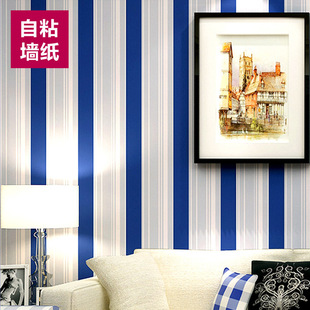 无纺布地中海蓝白竖条纹植绒自粘壁纸简约客厅，卧室电视背景墙纸