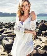白色长袖衬衫海边度假防晒蕾丝，镂空性感比基尼罩衫，罩衣外套沙滩裙