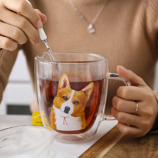 呆萌柯基系列，印花手工玻璃杯家用狗狗，图案水杯动物双层咖啡杯
