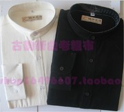 男士衬衫立领长袖纯棉手工粗布男式纯黑白色衬衣上衣含加肥加大号
