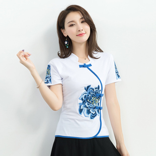 民族风特色青花瓷刺绣唐装 修身气质短袖上衣 复古个性 女T恤