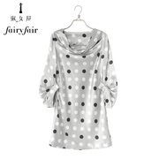 夏季fairyfair灰底黑白点印花艺术，荡领高档连衣裙