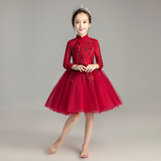 儿童红色生日公主裙蓬蓬纱，女童晚礼服长袖，小主持人钢琴演出服冬季