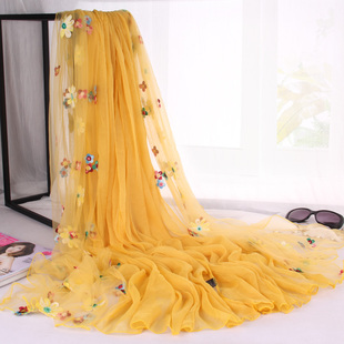 超大长款纱巾绣花丝巾女花朵，围巾空调披肩，夏季旅游海边沙滩巾