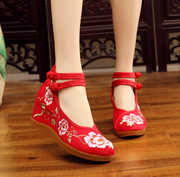 老北京布鞋女7厘米绣花鞋芙蓉花民族风红色内增高新娘高跟鞋时尚