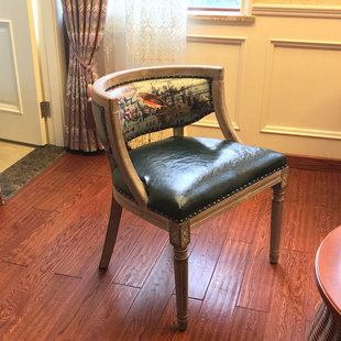 美式乡村餐椅欧式复古做旧皮革，布艺餐椅实木仿古书，椅咖啡休闲围椅