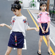 女童夏季套装洋气雪纺衫韩版女孩打底衫儿童短袖时尚裙裤两件套装