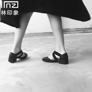2024林印象手工芭蕾舞单鞋夏季凉鞋粗跟绑带简约复古方头真皮女鞋