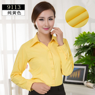 春季长袖衬衫女职业工装修身v领ol通勤纯黄色，衬衣女打底衫工作服