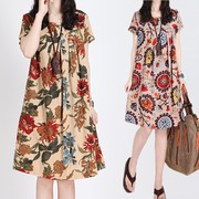 夏季中裙韩版复古民族棉，麻风花色宽松大码女装，显瘦短袖连衣裙