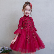 女童生日公主裙蓬蓬纱儿童红色礼服长袖花童小女孩钢琴演出服冬季
