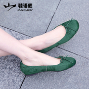 2022夏马毛(夏马毛)单鞋，女真皮蝴蝶结芭蕾舞墨绿色，浅口方头平底小皮鞋