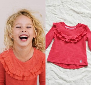美国 女童宝宝甜美木耳领西瓜红舒适竹节棉长袖T恤 卫衣 1-8岁