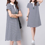 连衣裙2023女大码女装，韩版中长款条纹短袖，宽松裙裙子女夏季