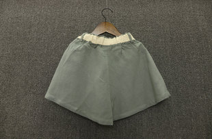 夏季棉麻薄款宽松类裙短裤，女童高腰橡皮，军绿色热裤中小童装