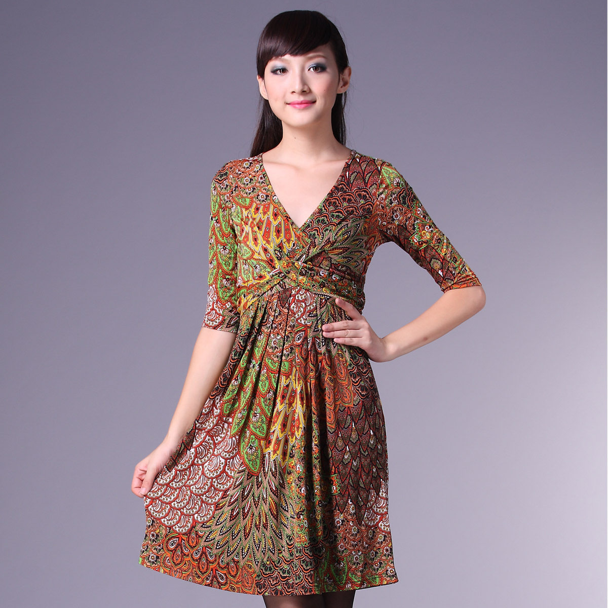 2014春装时尚女装<em>精致连衣裙女士</em>高腰V领裹胸