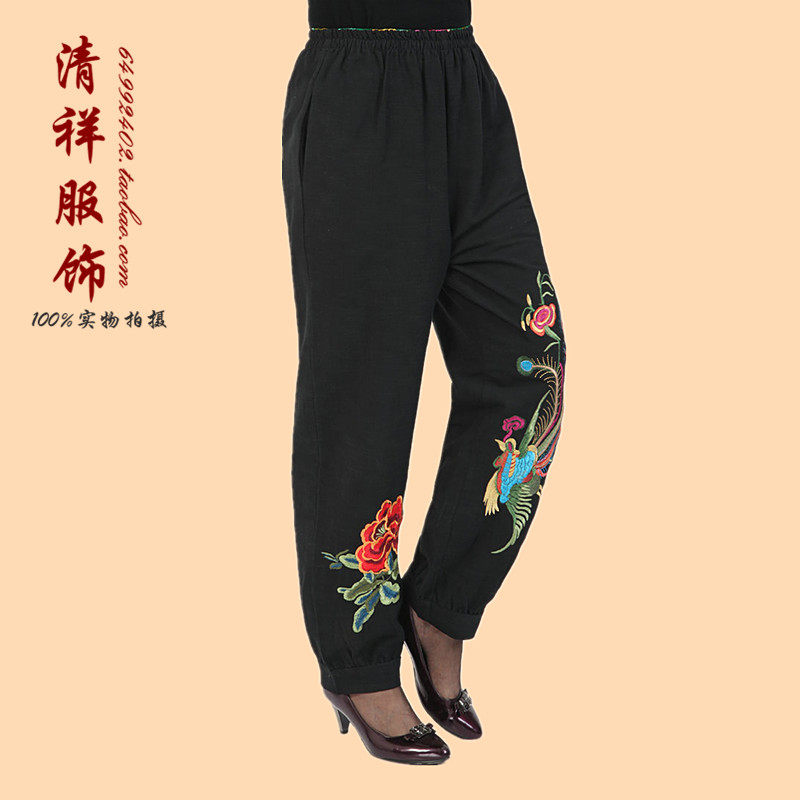中老年妈妈民族风<em>绣花</em>裤<em>休闲女裤</em>长裤松紧腰直