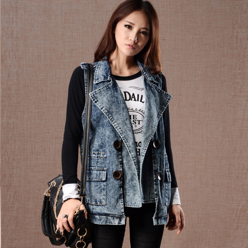 秋装<em>新款</em>欧美中长款<em>牛仔马甲女</em> 复古<em>大翻领</em>直
