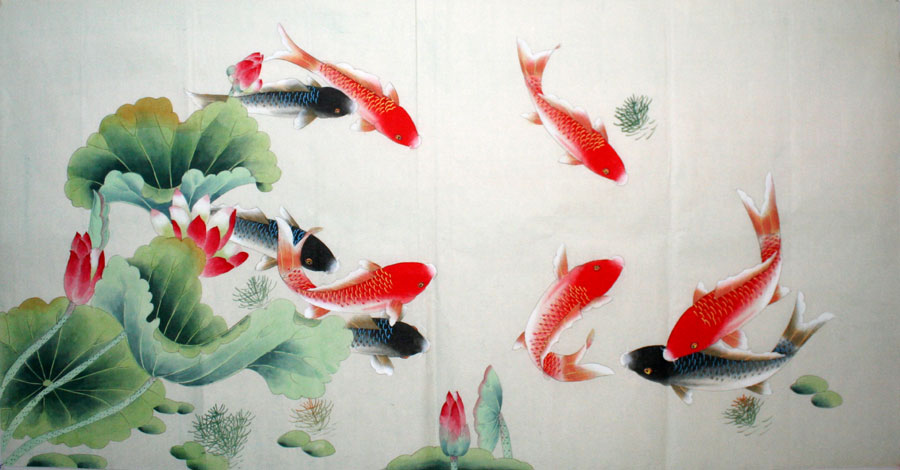 国画花鸟画 工笔画 荷花鲤鱼工笔鱼 九鱼图八卦转运鱼