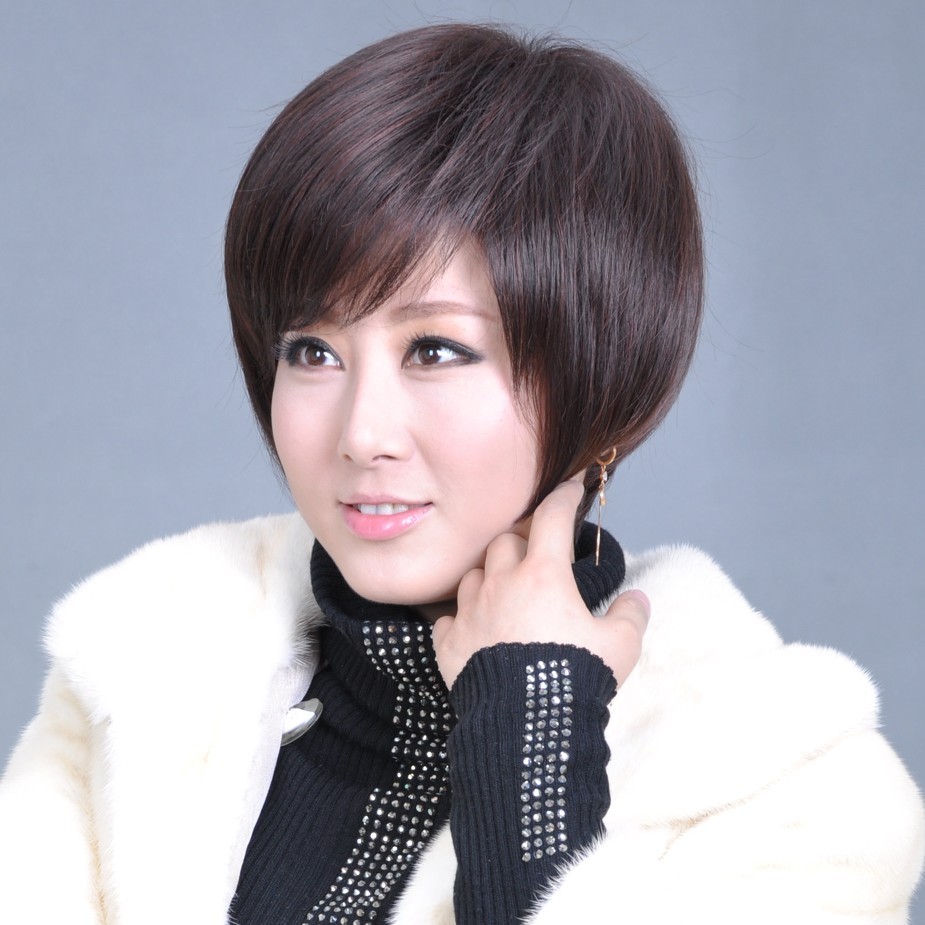 卡妮丝 女士中老年 短直发 高温丝 斜刘海 假发短发女