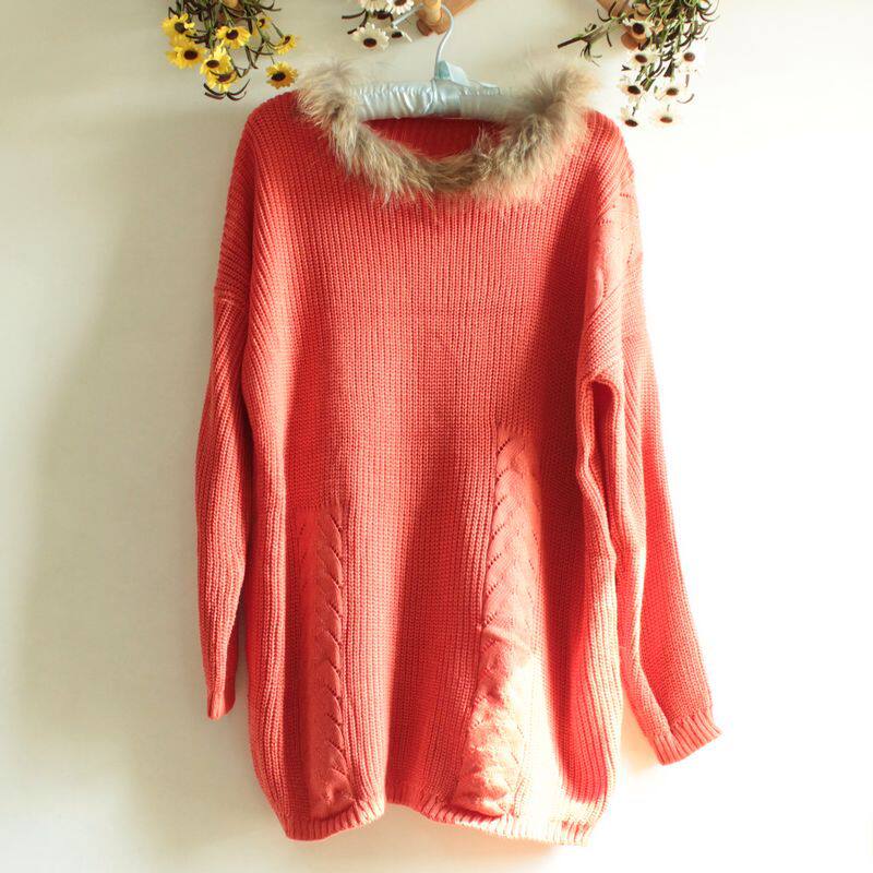 半边真毛领<em>桔色</em>针织衫<em>套头长款毛衣</em>麻花编织8