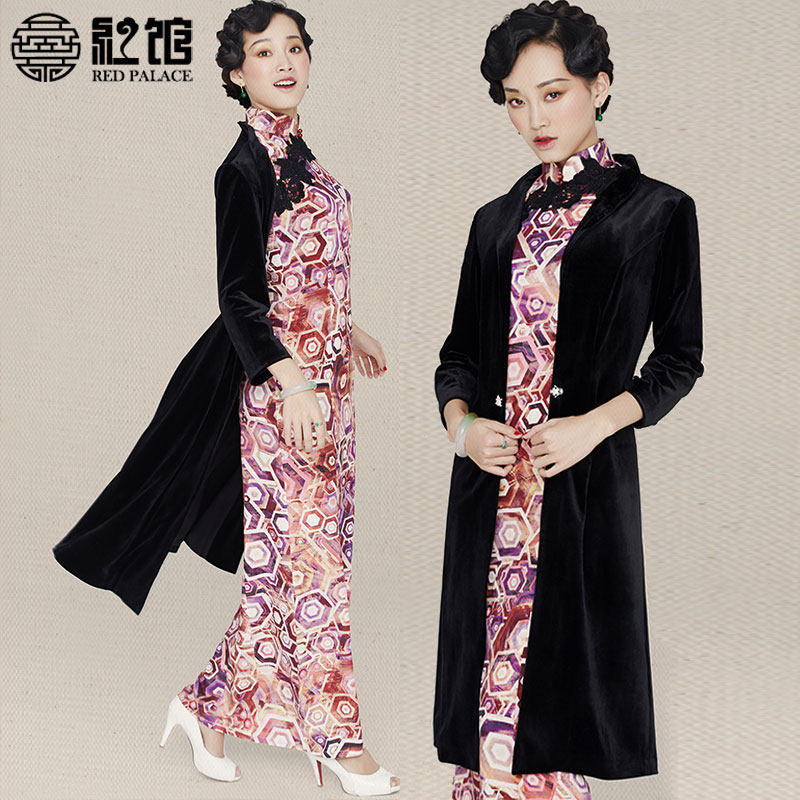 2014春红馆新款旗袍<em>外搭</em>黑色丝绒<em>真丝</em>弹力绒