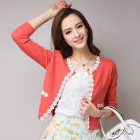 春秋<em>粉色V领短款</em>中袖蕾丝拼接轻薄<em>开衫</em>女式针