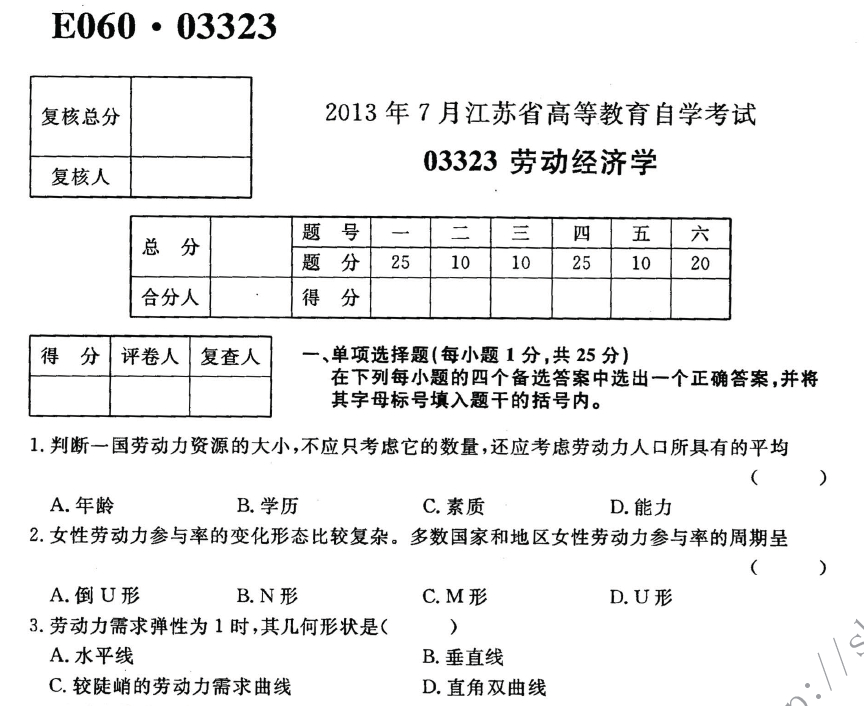 江苏省自考试卷03323劳动经济学 自考历年试