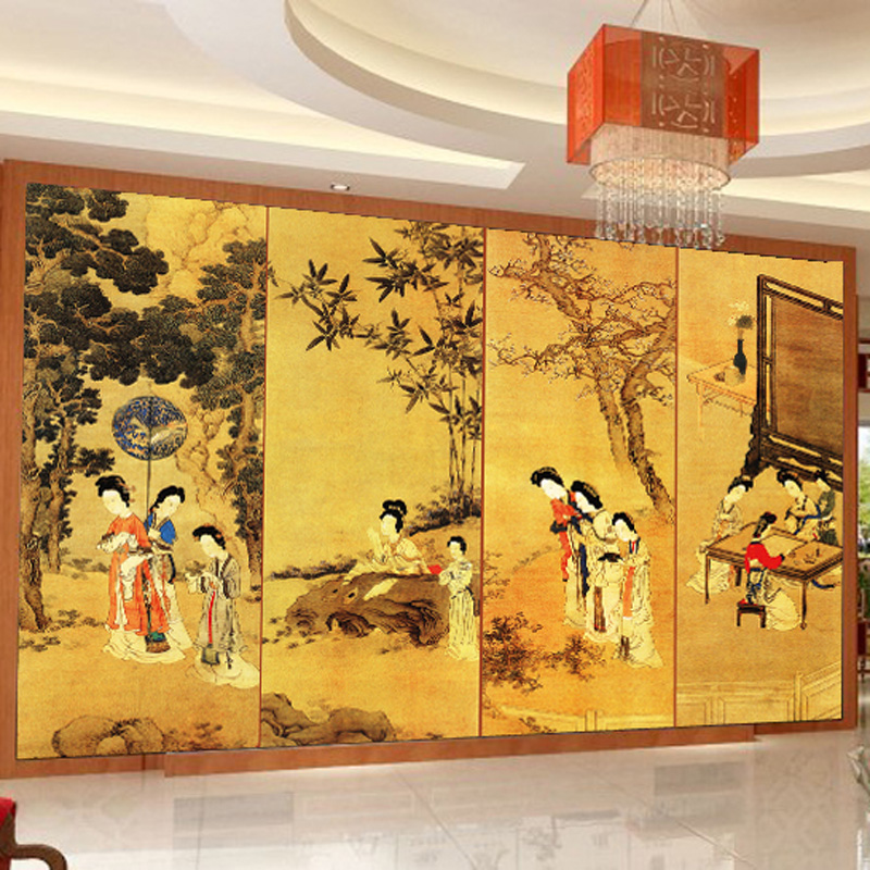 中式古典国画仕女图 大型壁画宾馆酒店客厅屏风电视背景墙纸壁纸