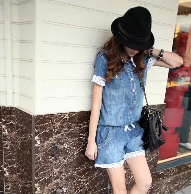 <em>少女牛仔</em>l连体裤<em>夏天</em>有袖<em>连衣短裤</em>韩版连身裤