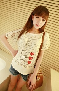 2012 夏装女T 波点雪纺 雪纺荷叶边 喇叭小飞袖 短袖T恤