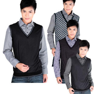 法国老人头男装 马甲式假二件套格子套衫 修身
