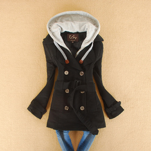 2012秋冬专柜同步设计 女式双排扣休闲带帽假