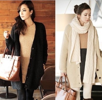 毛衣<em>搭配</em>_秋冬韩国韩版女宽松大款棒针粗毛线