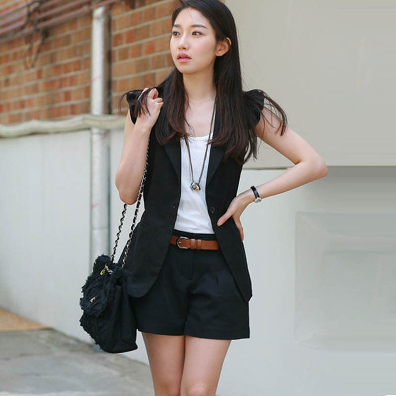 包邮2014夏荷叶大码<em>女装</em>西装马甲女<em>短裤配</em>腰