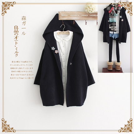 日单日系森女系 复古<em>宽松</em>蝙蝠袖<em>连帽</em>中<em>长款</em>加