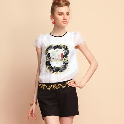 巴洛克复古绣花 休闲<em>短袖真丝</em>T恤 <em>上衣</em>女 <em>短裤</em>