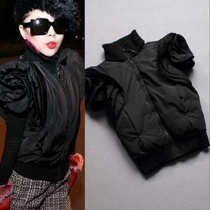 2013时尚街拍 韩版短款 <em>马夹羽绒服</em> 花朵袖<em>女装</em>
