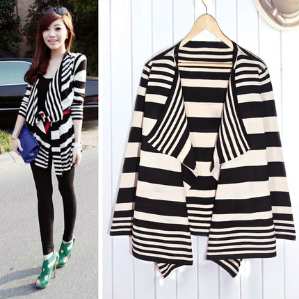 欧美大牌 女装韩版宽松<em>条纹</em>不规则<em>下摆</em> 针织衫